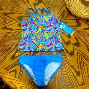 Girls 14 Speedo NWT two piece swimming suit Blue/paisley pattern